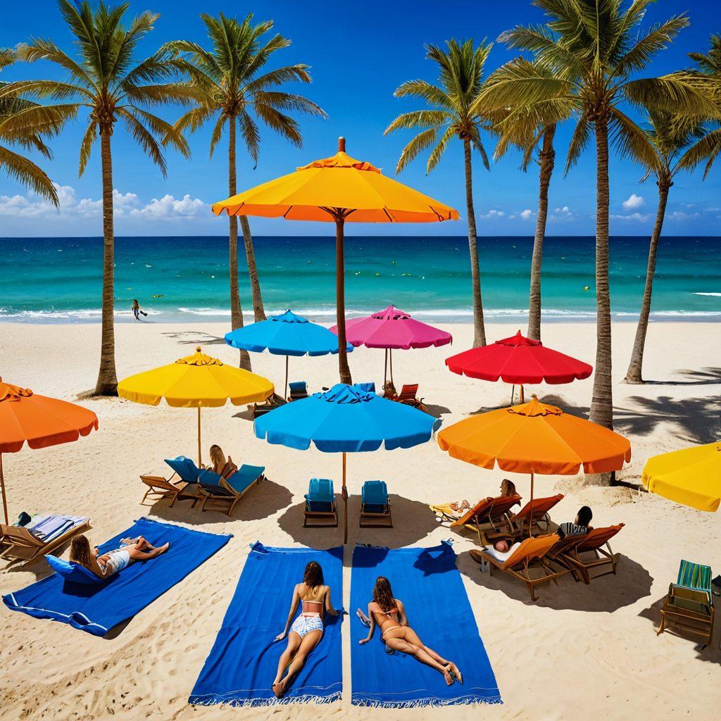 A vibrant beach setting with models showcasing stylish swimwear and intimate apparel, contrasting soft textures with sandy textures. Include palm trees swaying in the breeze, beach towels laid out, and colorful beach umbrellas, all under a bright blue sky. The atmosphere should radiate a sense of fun and elegance, inviting viewers to explore the fusion of fashion and beachwear. super-realistic. vibrant colors. sunny background.